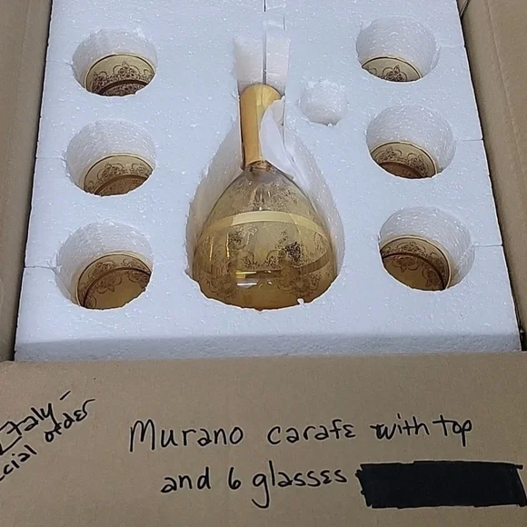 Murano Italy 24 Kt Gold Floral Glass Decanter & 6 Matching Glasses - Picture 9 of 16